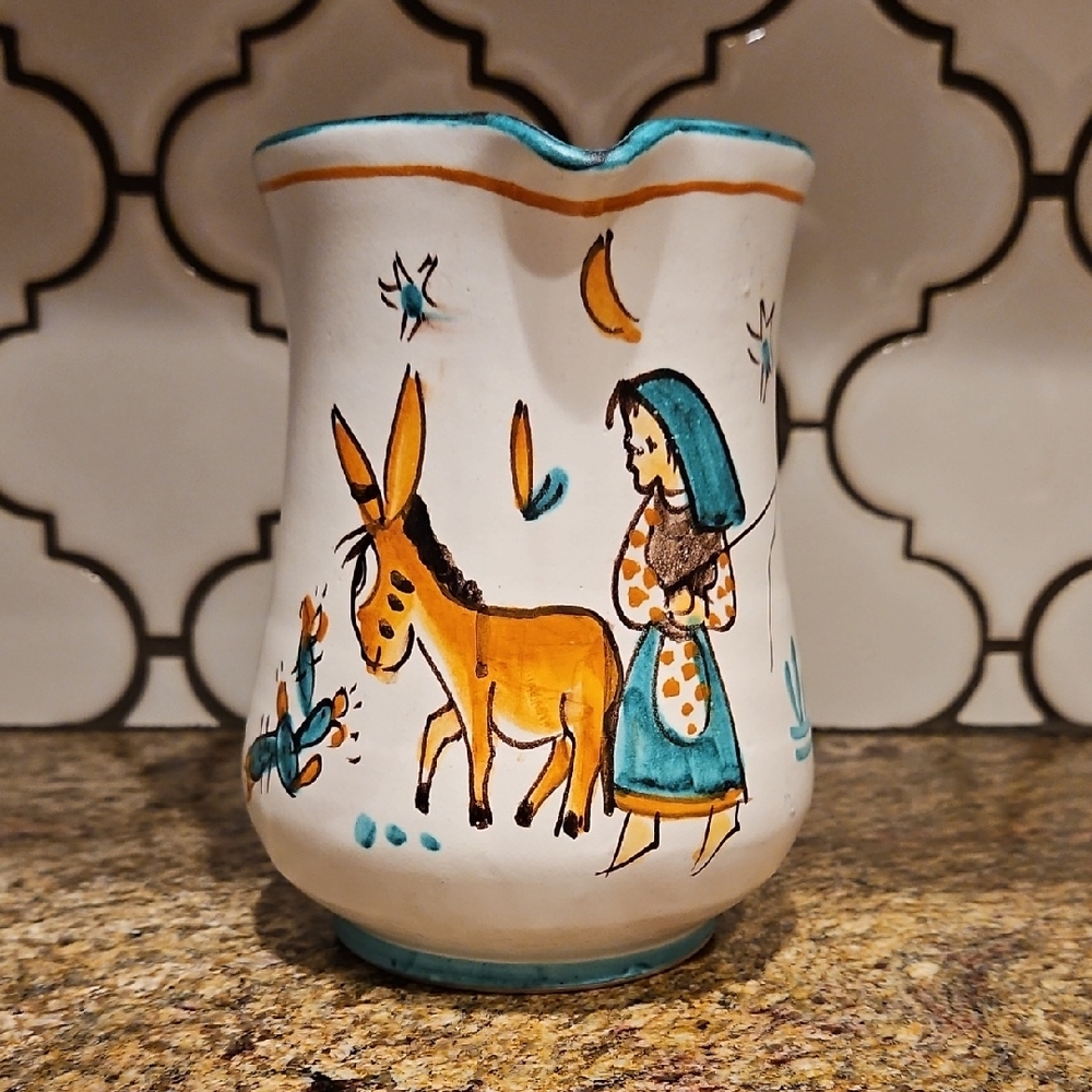VTG Vietri Falcone Italy Handpainted Ceramic Donkey Pitcher - A Mano Majolica